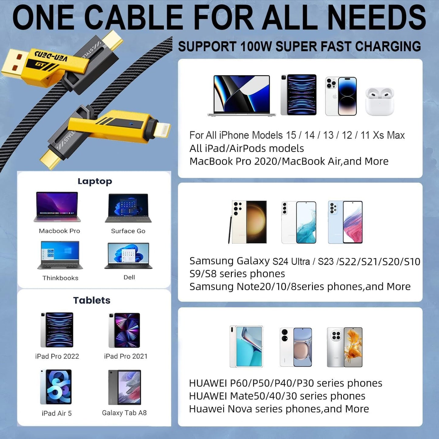 ๐ SHEZI GT 4-IN-1 Data Cable โ 65W Fast Charging + Data Transfer