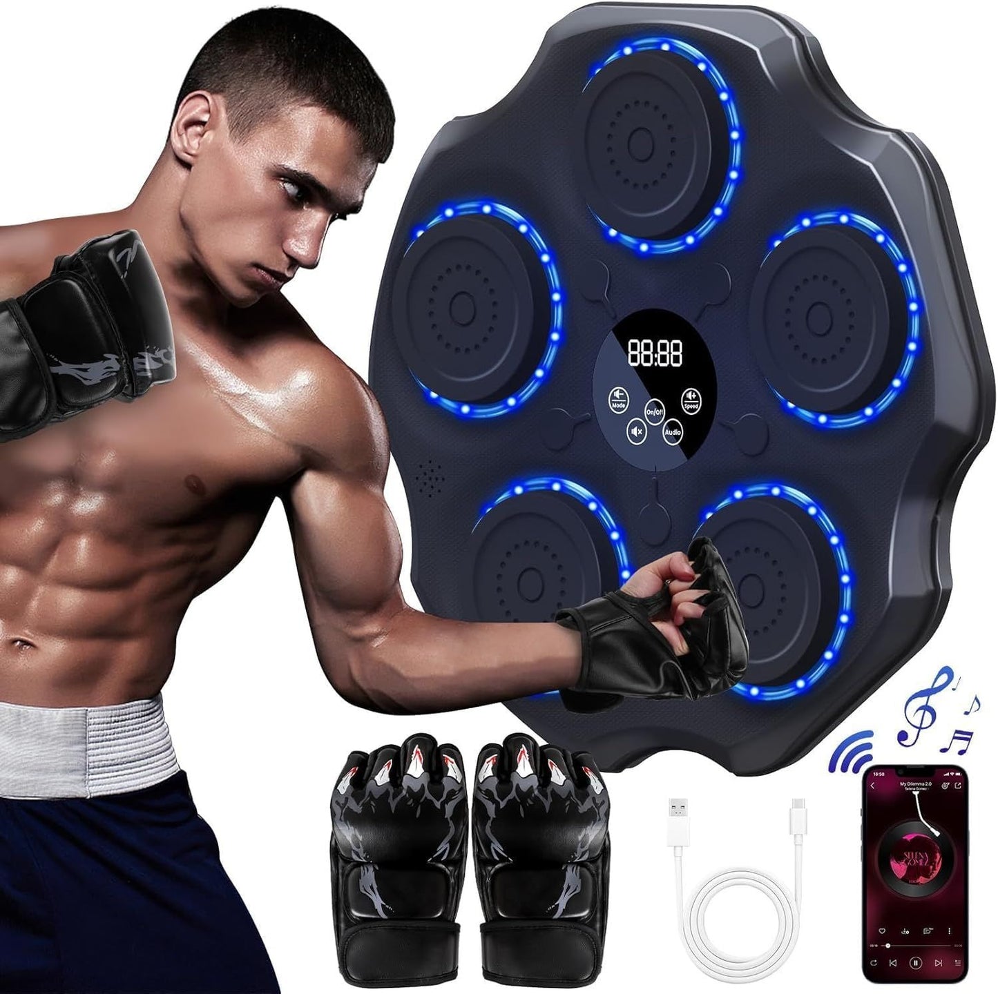 🥊💥 Smart Music Boxing Machine — LED Rhythm Punch Trainer | Bluetooth | Wall Mount | Gloves Included!