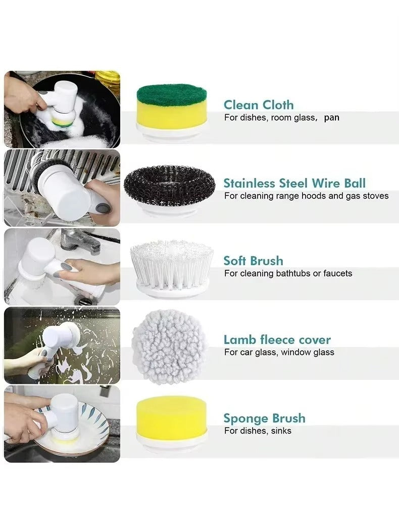 5-in-1 Electric Cleaning Brush – USB Rechargeable Spin Scrubber for Kitchen & Bathroom
