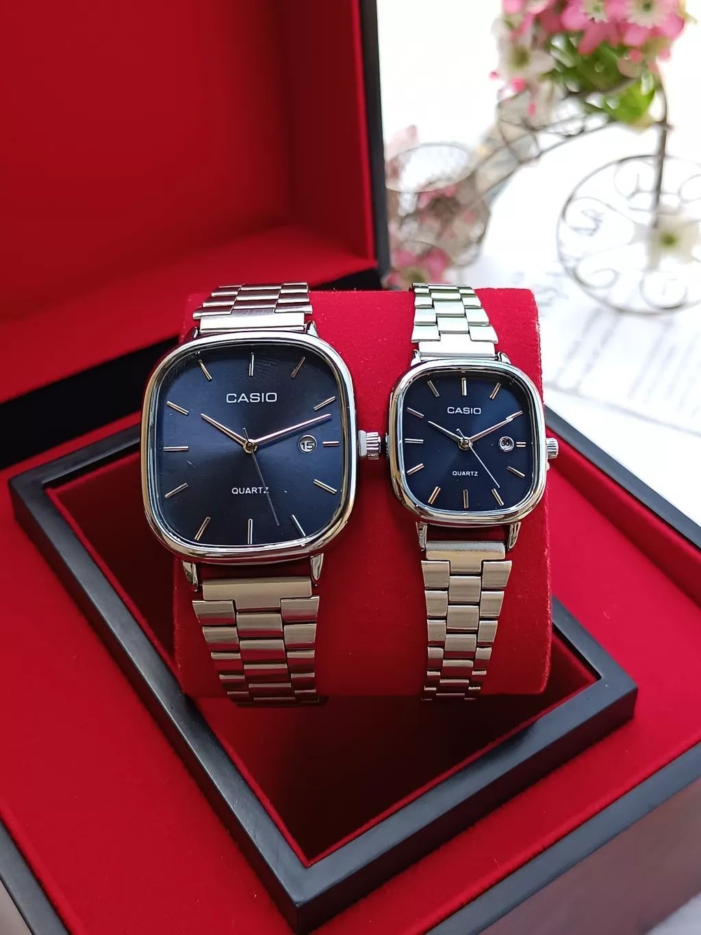⌚💑 CASIO Quartz Couple Watch Set — Matching Black & Rose Gold | His & Hers | Luxury Gift Box!