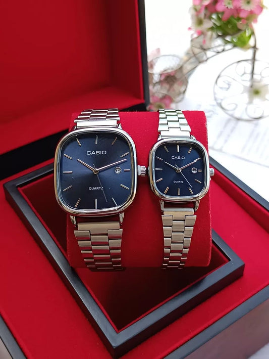 ⌚💑 CASIO Quartz Couple Watch Set — Matching Black & Rose Gold | His & Hers | Luxury Gift Box!