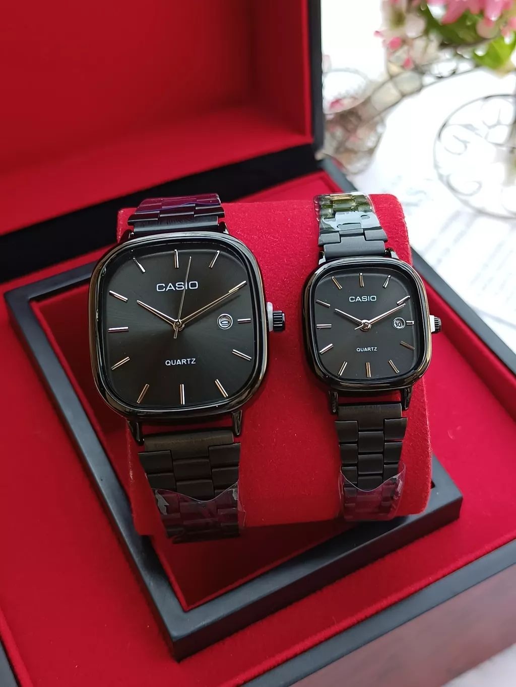 ⌚💑 CASIO Quartz Couple Watch Set — Matching Black & Rose Gold | His & Hers | Luxury Gift Box!