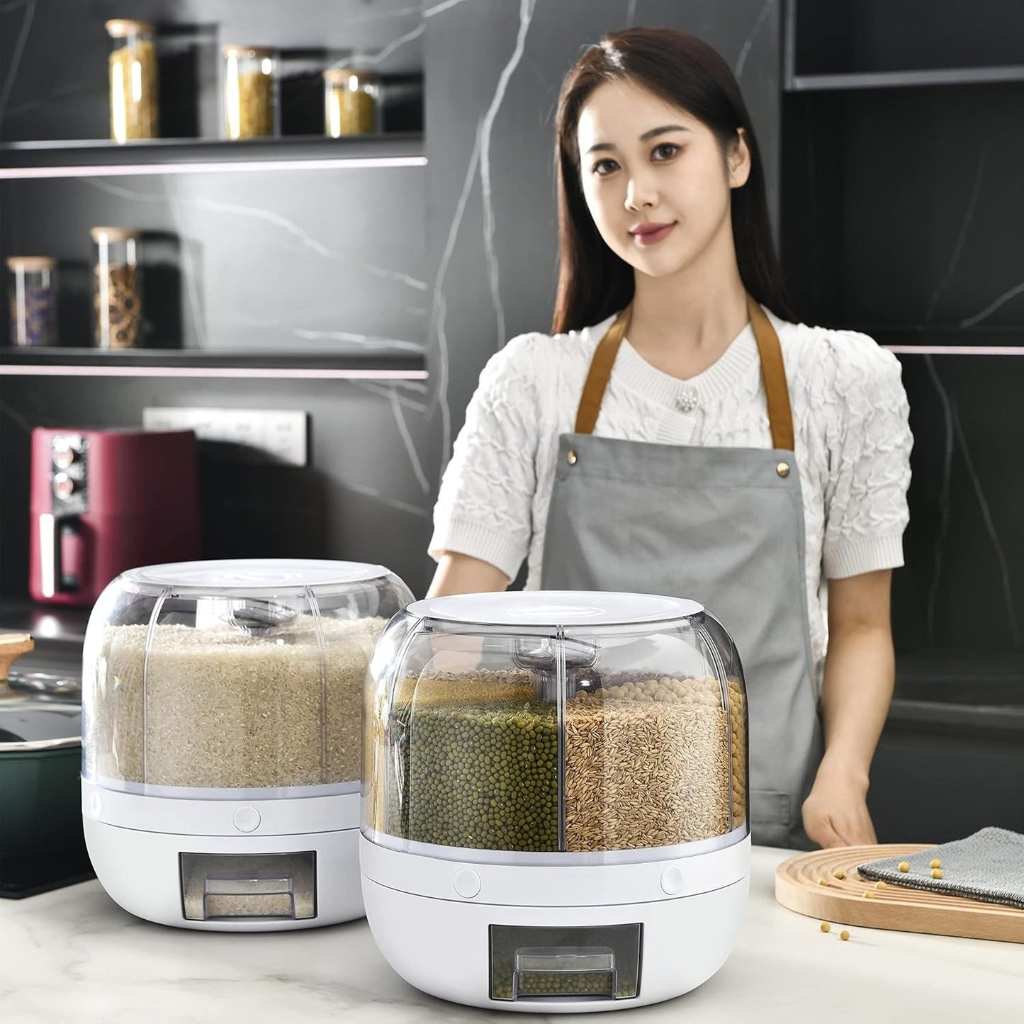 🌾✨ 360° Rotating Grain Dispenser — 6-Section Smart Food Storage Container | Airtight | Press & Pour!