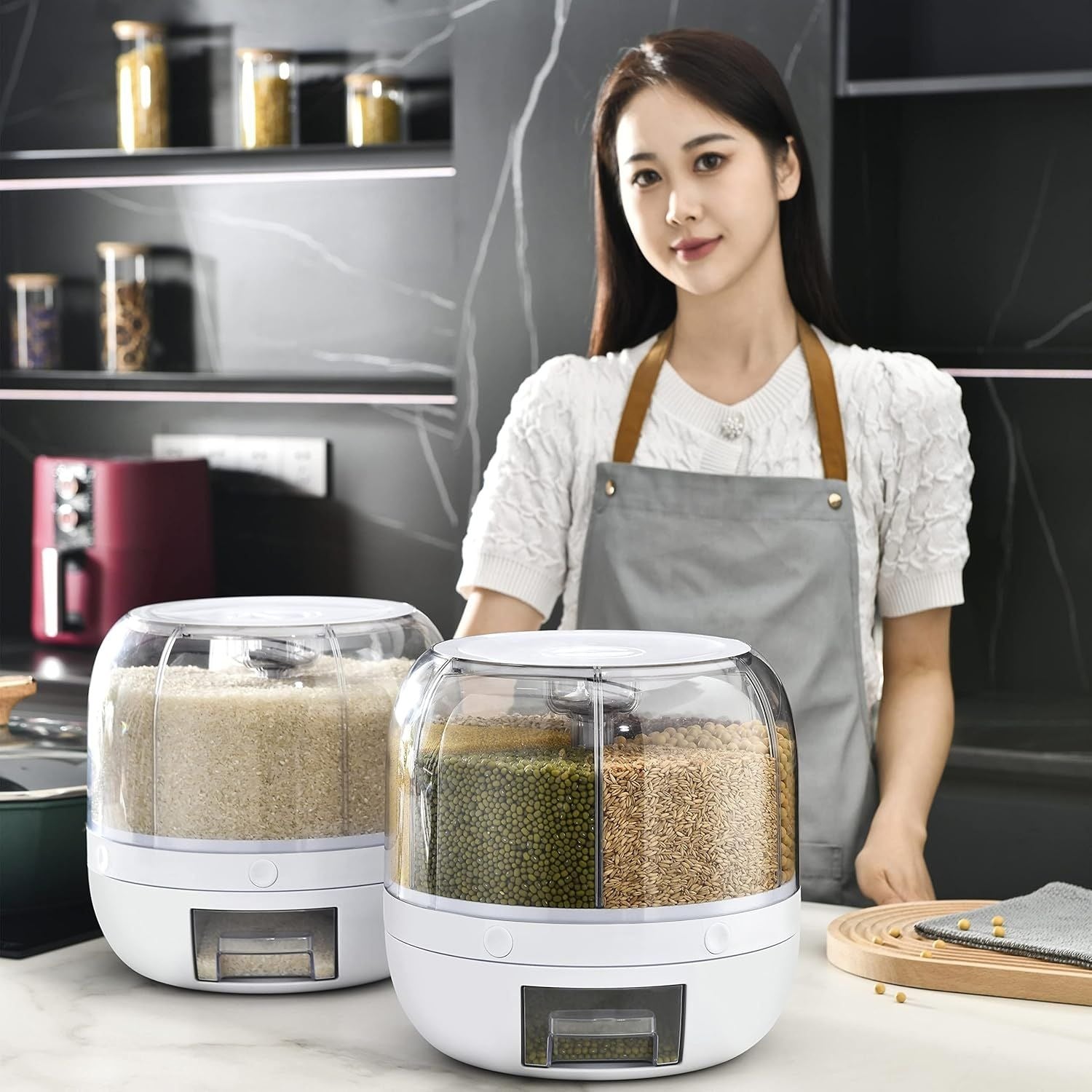 🌾✨ 360° Rotating Grain Dispenser — 6-Section Smart Food Storage Container | Airtight | Press & Pour!