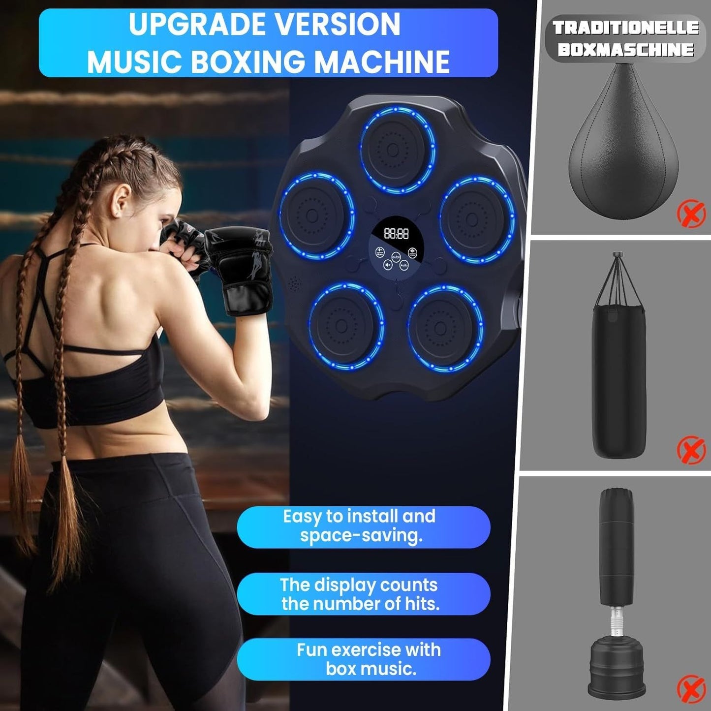 🥊💥 Smart Music Boxing Machine — LED Rhythm Punch Trainer | Bluetooth | Wall Mount | Gloves Included!
