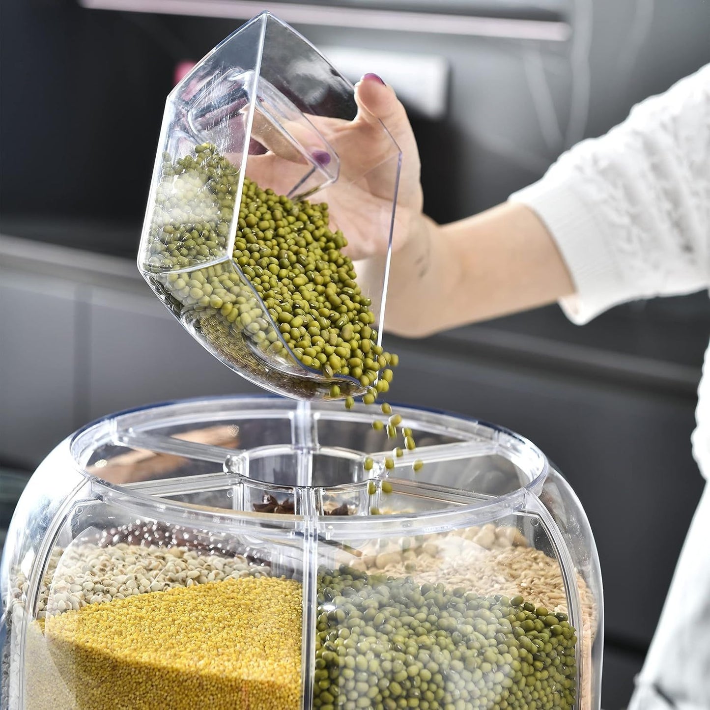 🌾✨ 360° Rotating Grain Dispenser — 6-Section Smart Food Storage Container | Airtight | Press & Pour!
