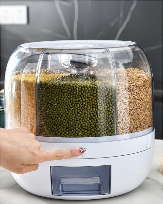 🌾✨ 360° Rotating Grain Dispenser — 6-Section Smart Food Storage Container | Airtight | Press & Pour!